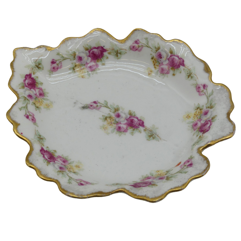 Vintage Limoges France Elite Floral Candy Dish Leaf Shape Gold Trim Porcelain